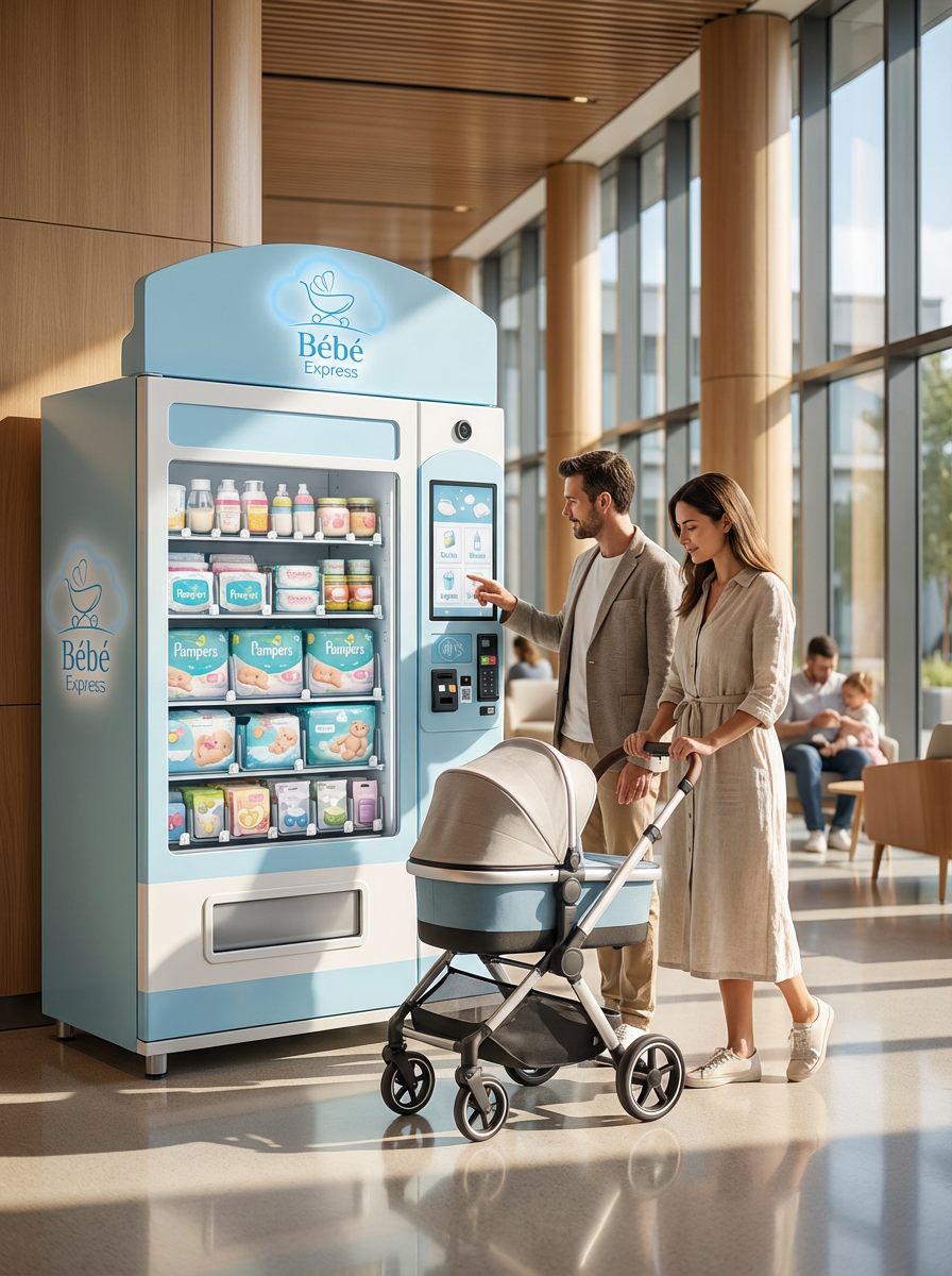 Couple avec poussette devant un distributeur Bébé Express