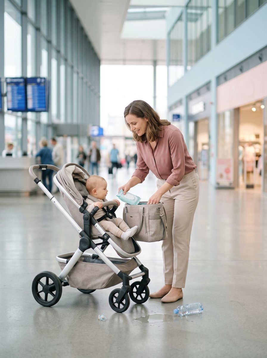 Mère cherchant des couches en urgence à l'aéroport